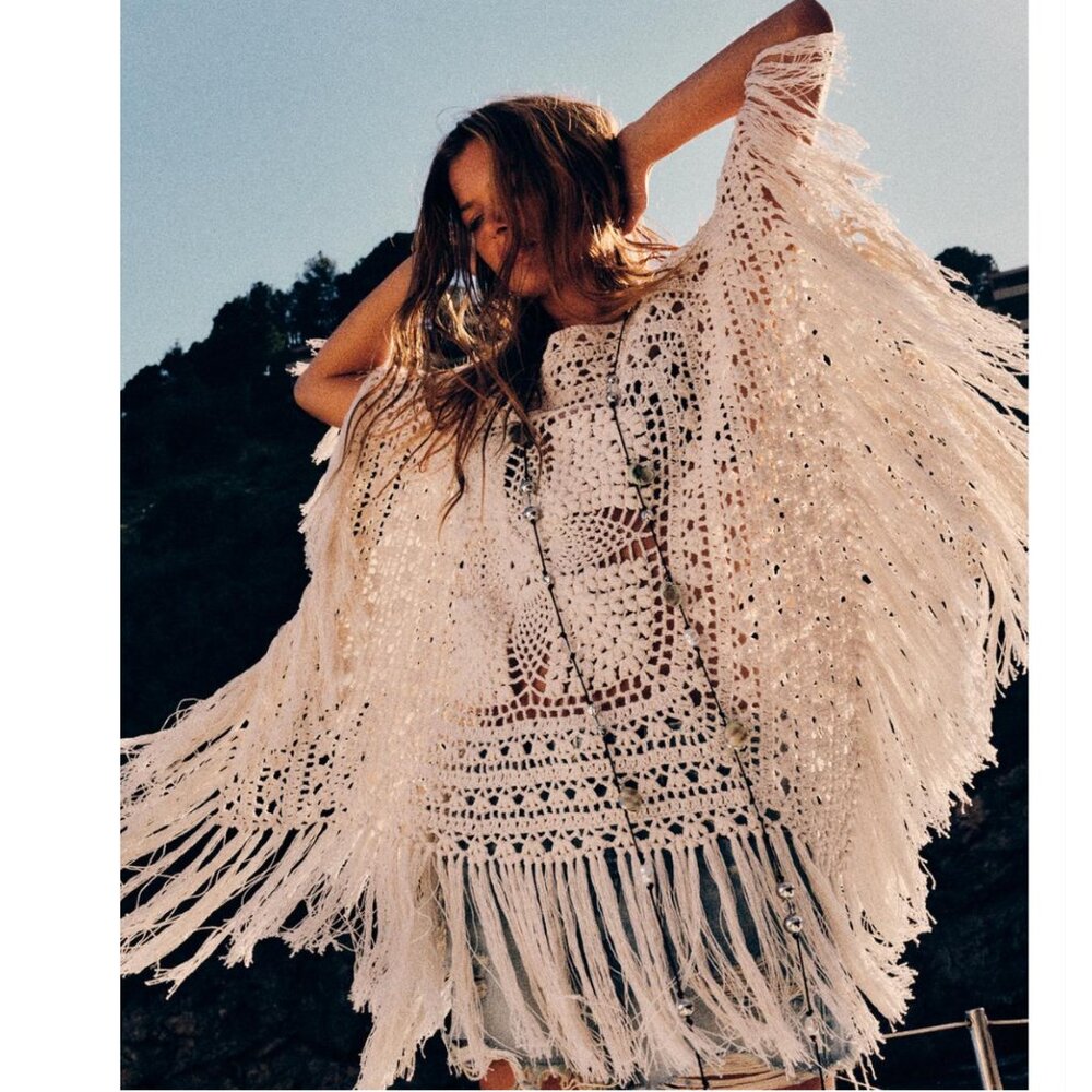 ZARA NEW WOMAN FRINGED KNIT KAFTAN ONE SIZE M ECRU 3653/002